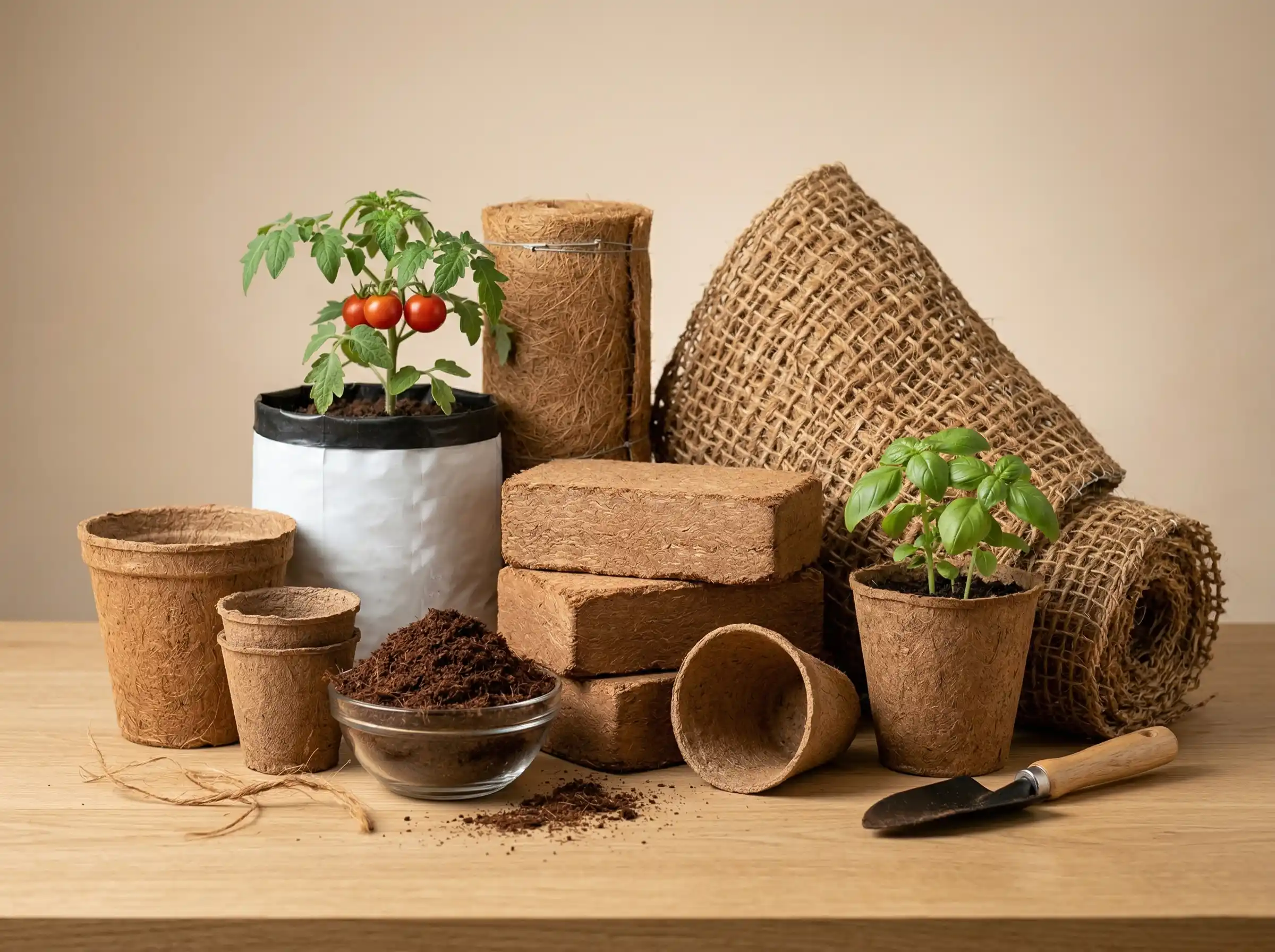 Coir pots and grow media in export-ready packaging